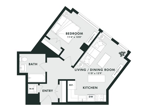 Floor plan for 1 bed, 1 bath, 587 sqft